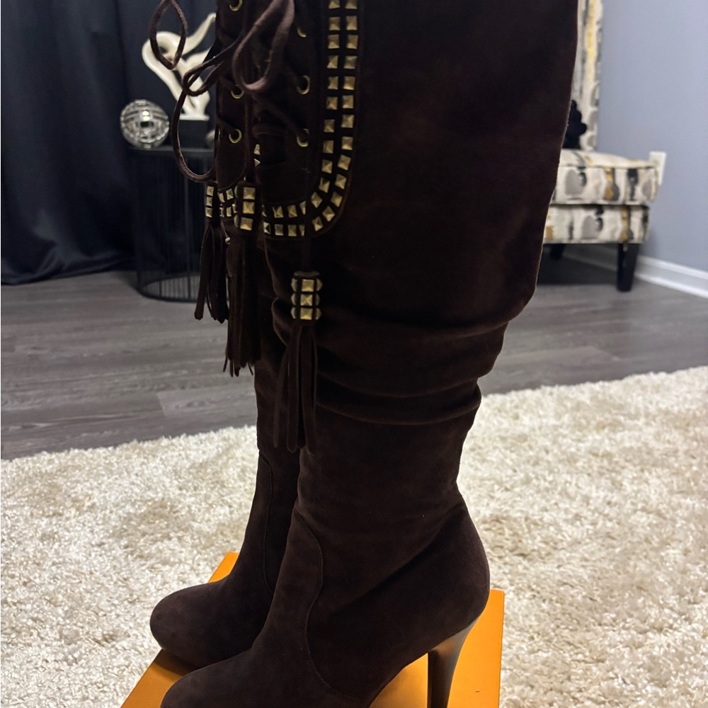 Sak’s 5th Ave Brown Suede Gold Studded Knee-High Boots